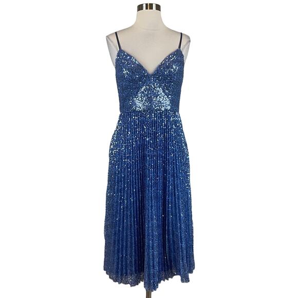 Aidan Mattox Women's Cocktail Dress Size 4 Blue Sequined Sleeveless A-Line Midi - Picture 1 of 11